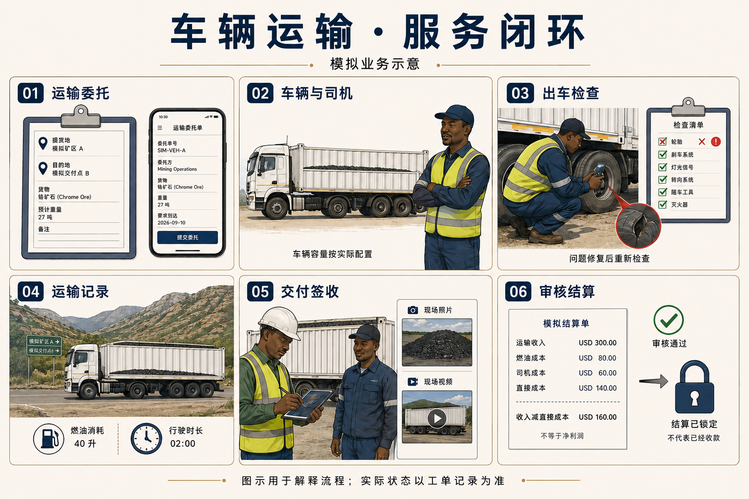 车辆运输服务从登记、检查、派车、在途事件、交付争议到结算锁定的二维流程图
